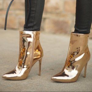 gold mirror bootie heels